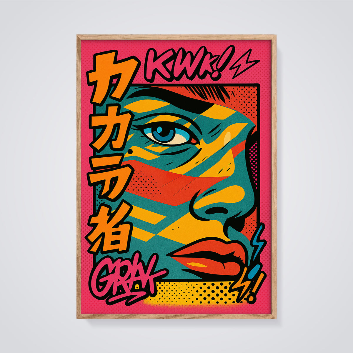Crazy KWk! Pop Art Face Print framed in oak on a grey background