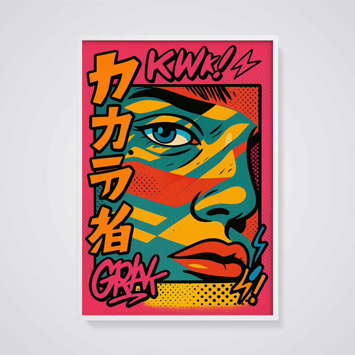 Crazy KWk! Pop Art Face Print framed in white on a grey background