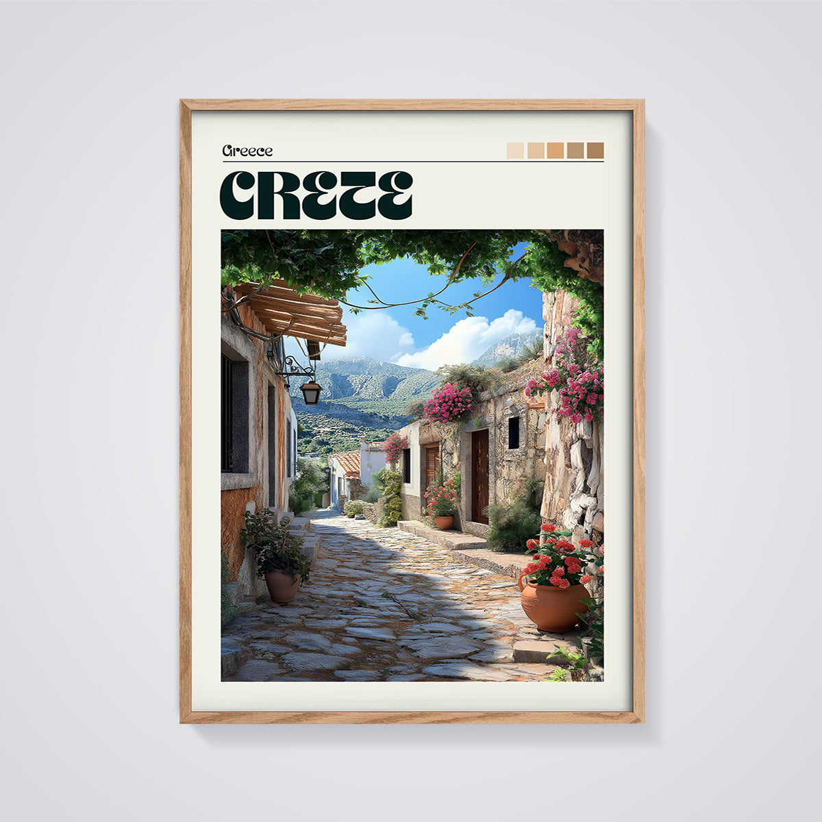 Crete Village Street Print framed in oak on a grey background