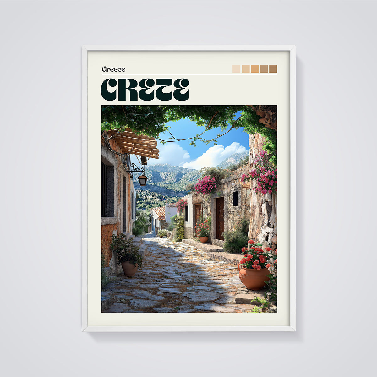 Crete Village Street Print framed in white on a grey background
