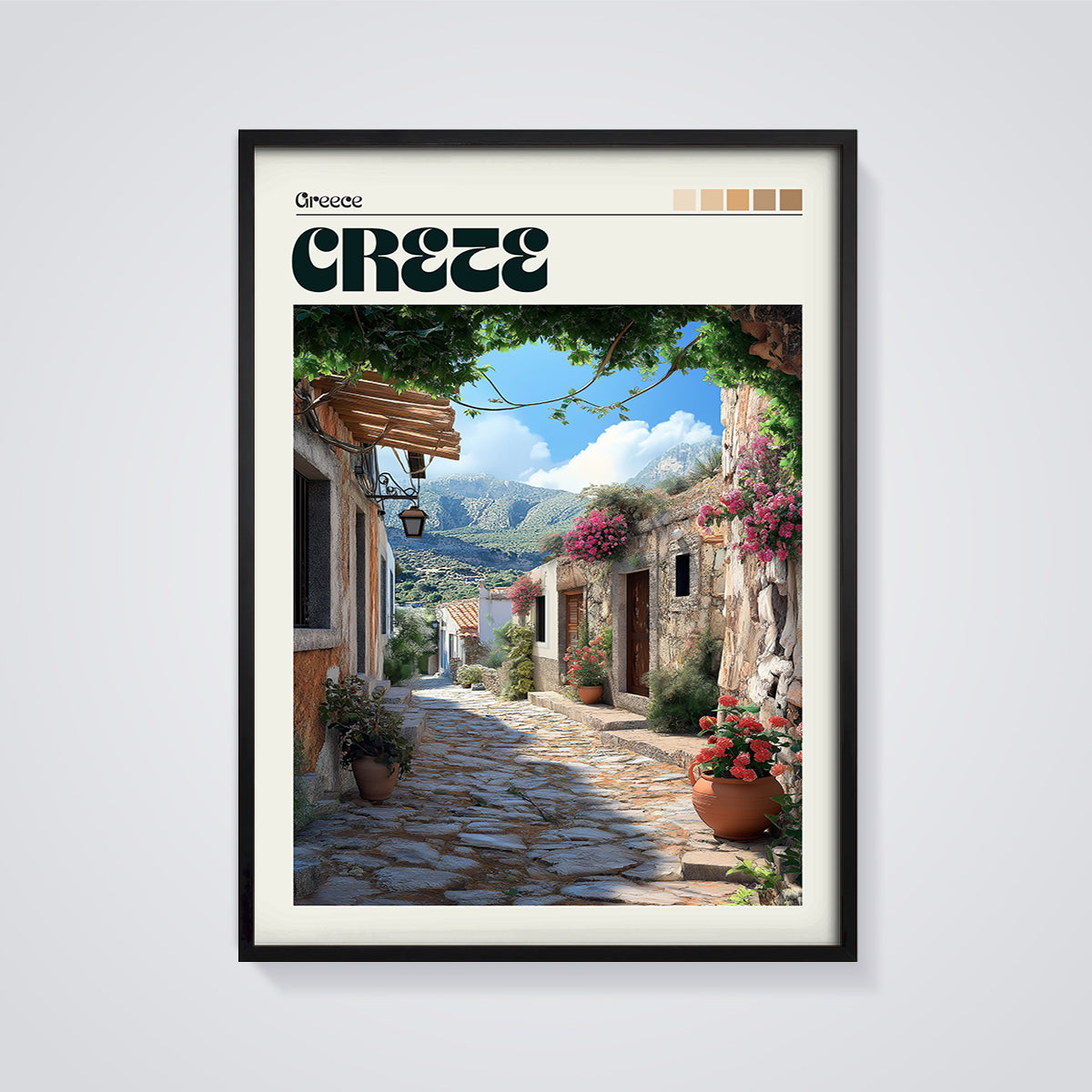Crete Village Street Print framed in black on a grey background