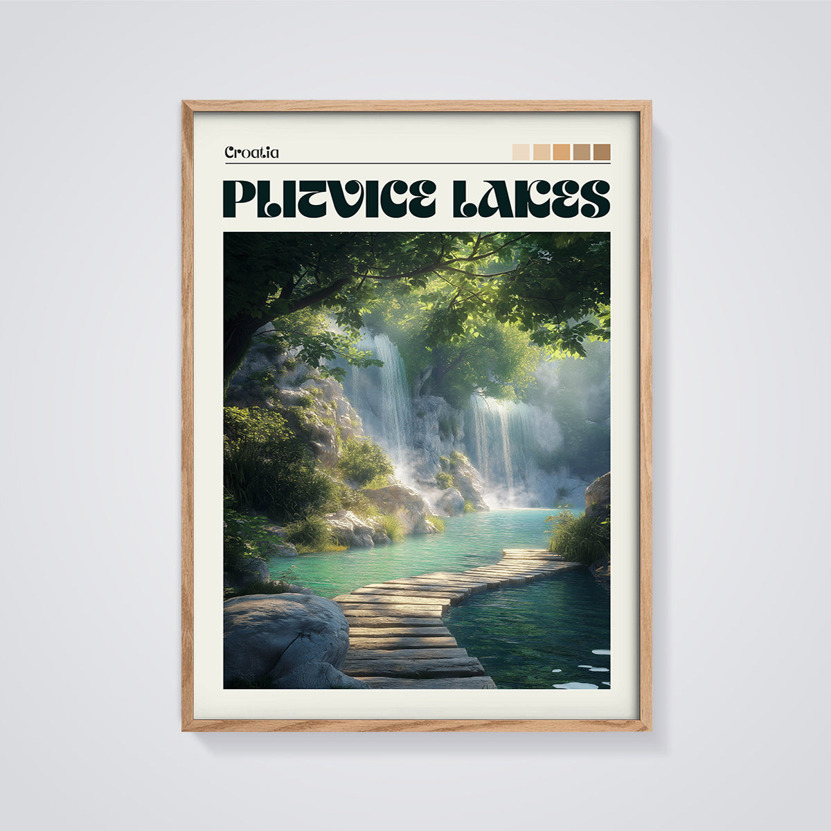 Croatia Plitvice Lakes Print framed in oak on a grey background