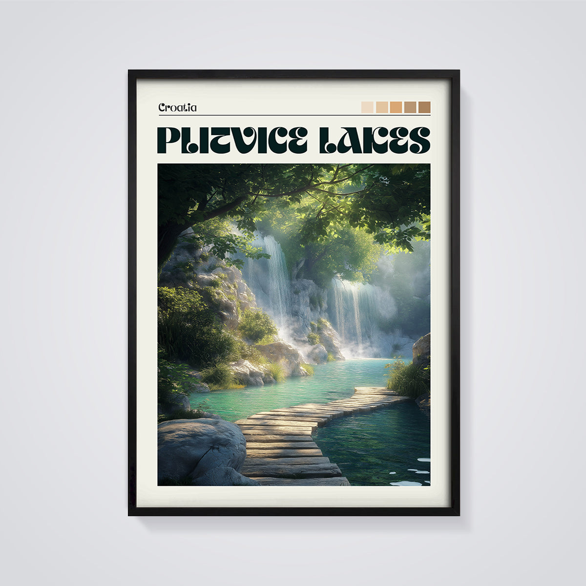 Croatia Plitvice Lakes Print framed in black on a grey background