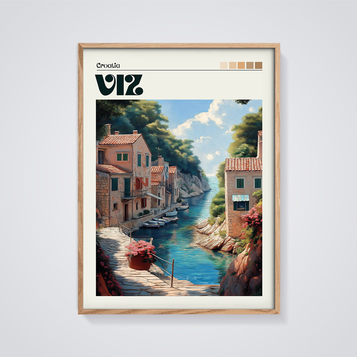 Croatia VIZ Coastal Town Print framed in oak on a grey background