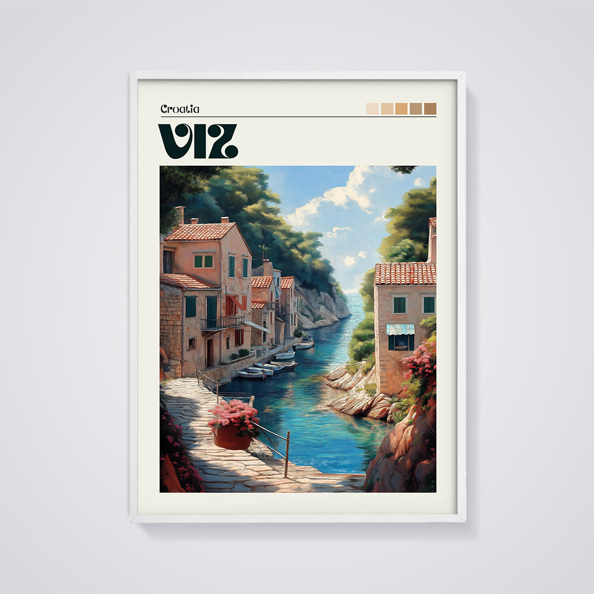 Croatia VIZ Coastal Town Print framed in white on a grey background