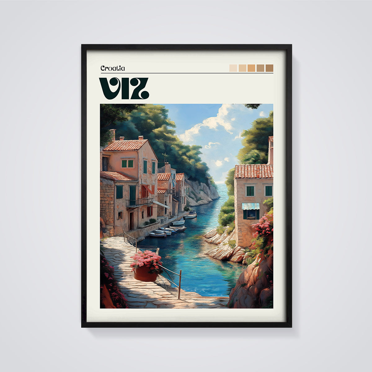 Croatia VIZ Coastal Town Print framed in black on a grey background