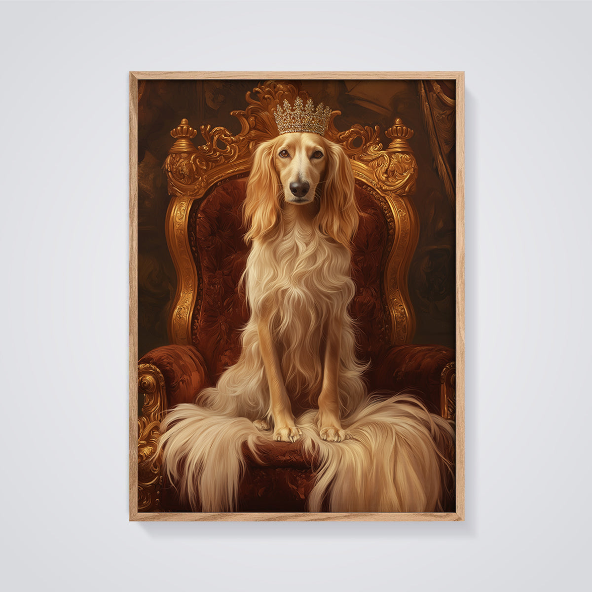 Crowned Afghan Hound Print framed in oak on a grey background