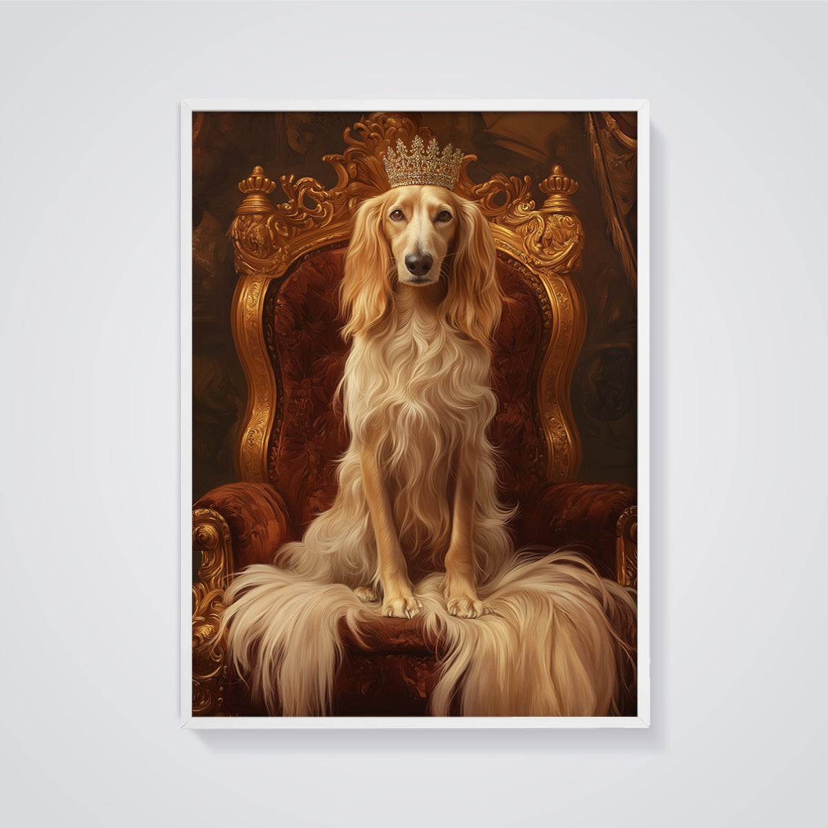 Crowned Afghan Hound Print framed in white on a grey background