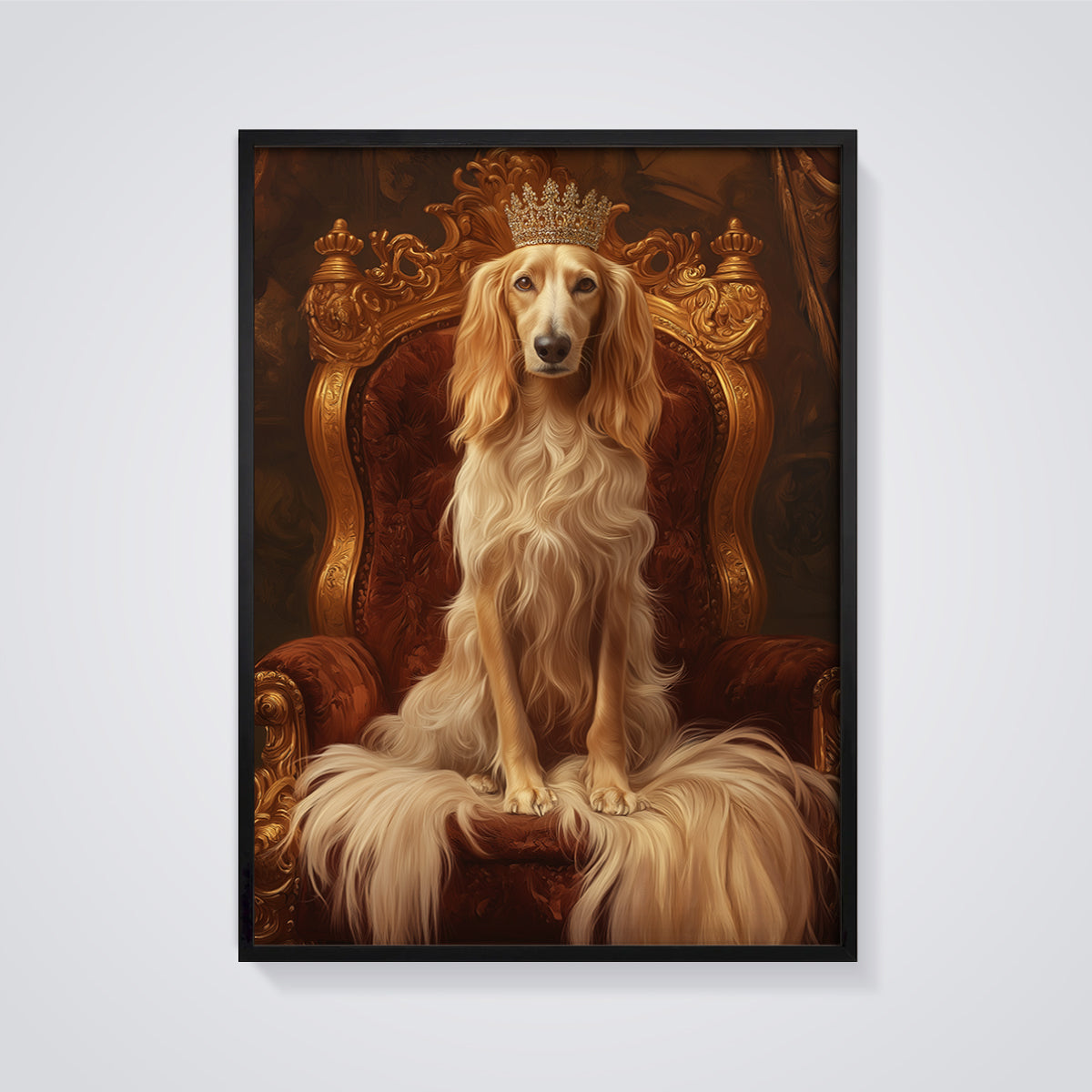 Crowned Afghan Hound Print framed in black on a grey background