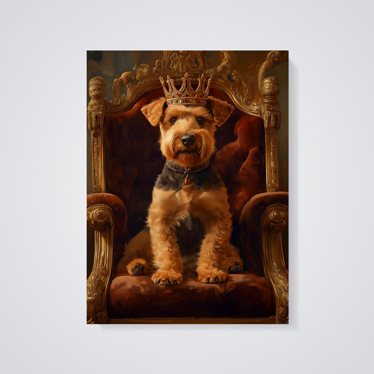 Crowned Airedale Terrier King Print unframed on a grey background