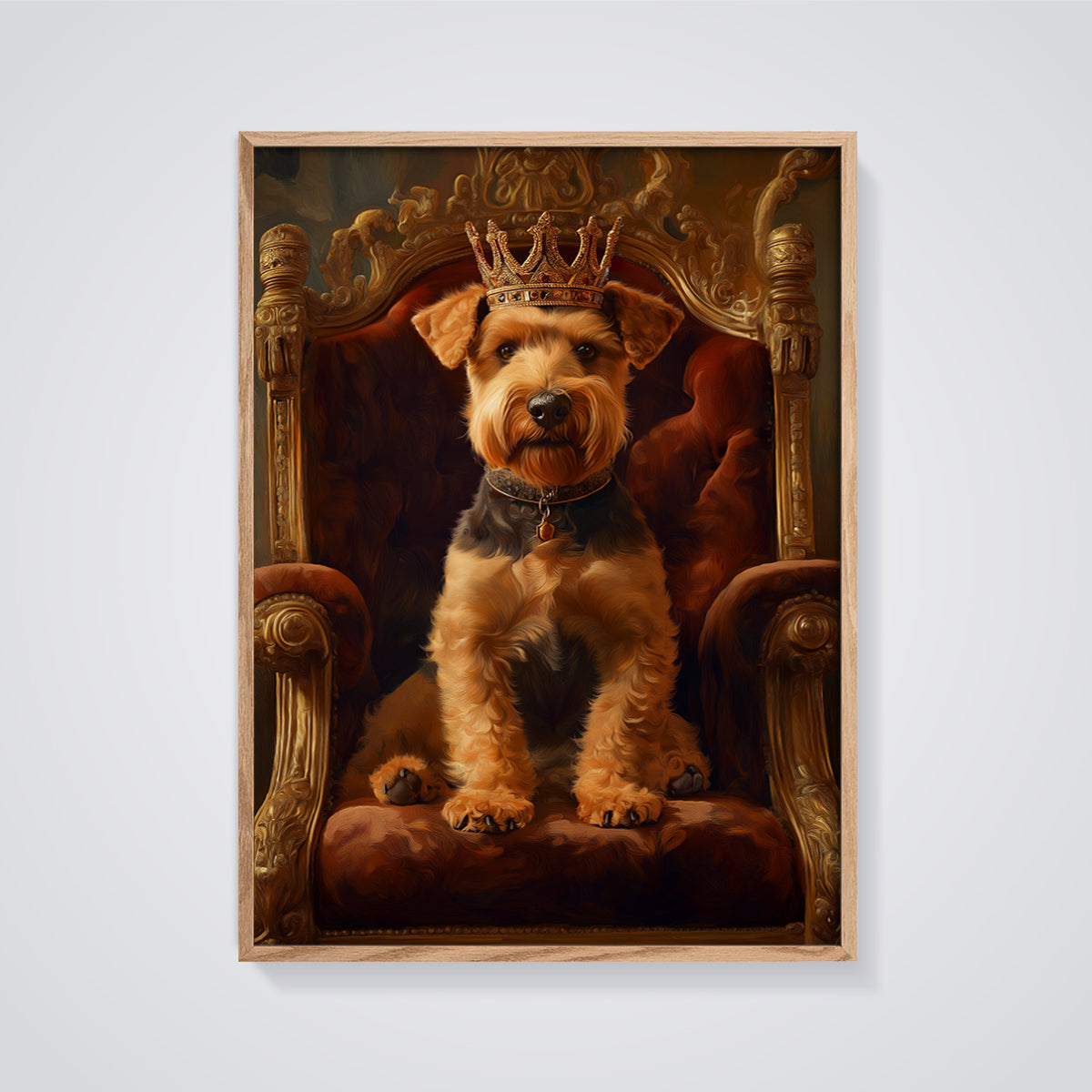 Crowned Airedale Terrier King Print framed in oak on a grey background