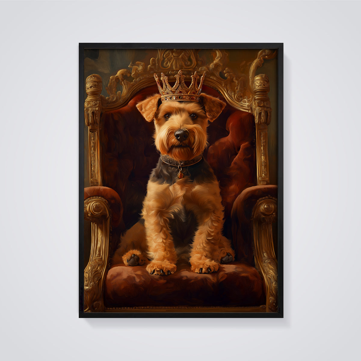 Crowned Airedale Terrier King Print framed in black on a grey background