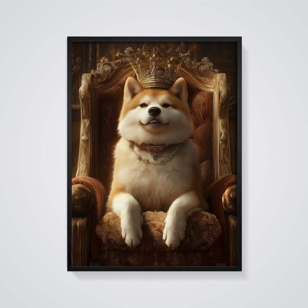 Crowned Akita King Print framed in black on a grey background