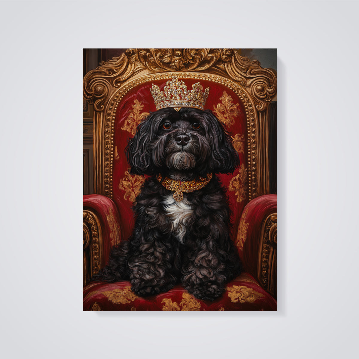 Crowned Black Dog Print unframed on a grey background