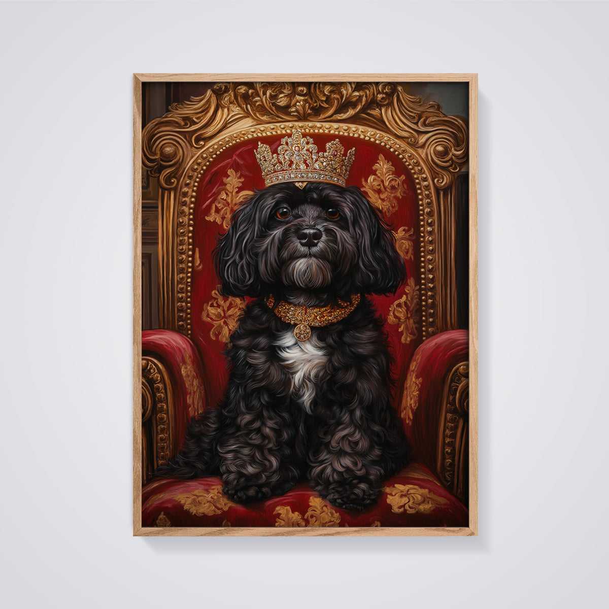 Crowned Black Dog Print framed in oak on a grey background