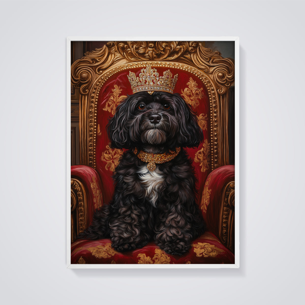 Crowned Black Dog Print framed in white on a grey background