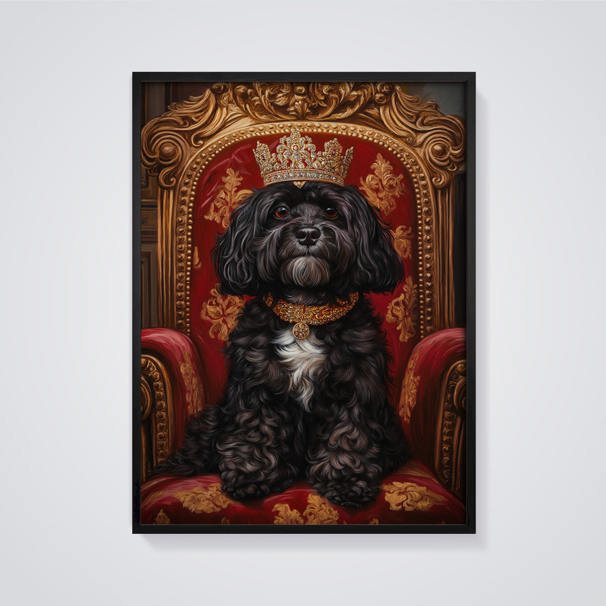 Crowned Black Dog Print framed in black on a grey background