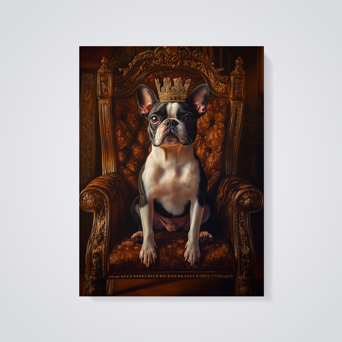 Crowned Boston Terrier Print unframed on a grey background