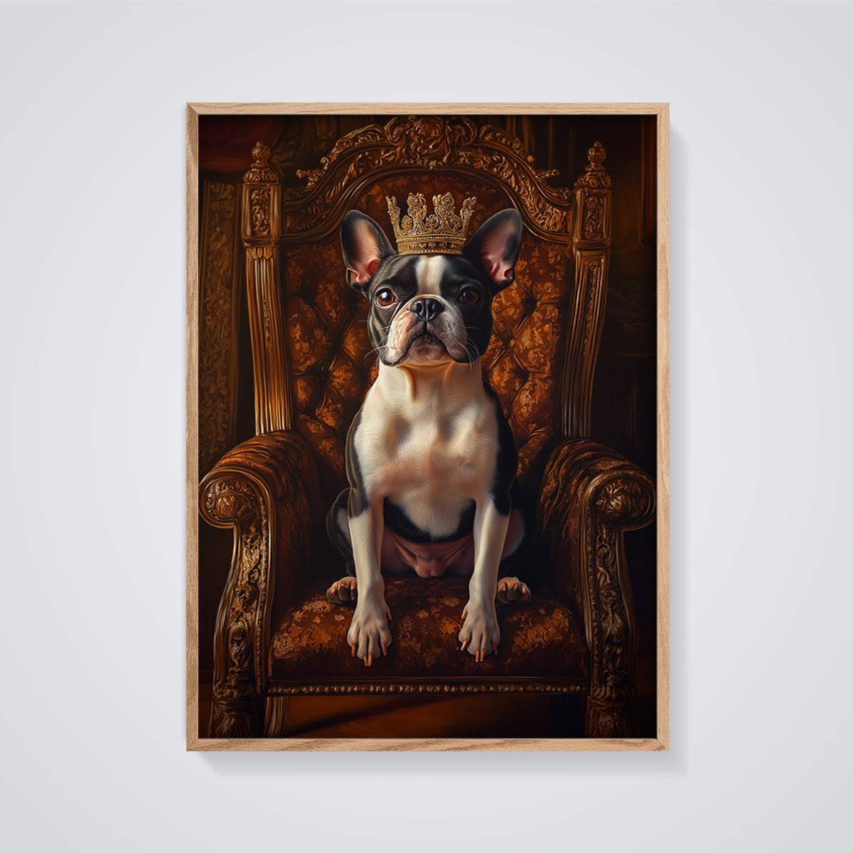 Crowned Boston Terrier Print framed in oak on a grey background