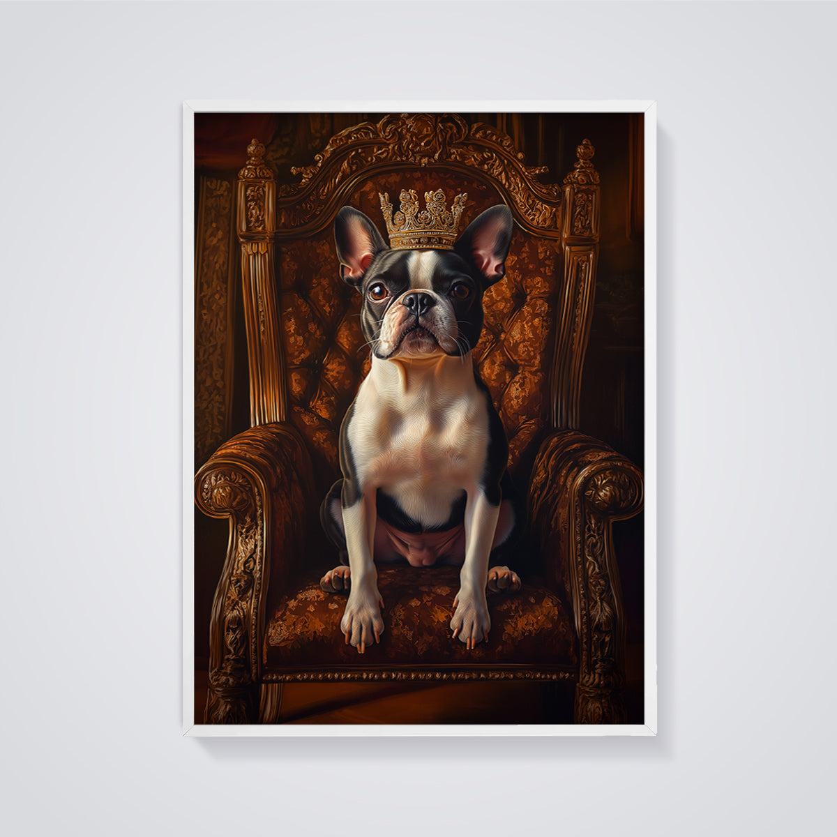 Crowned Boston Terrier Print framed in white on a grey background