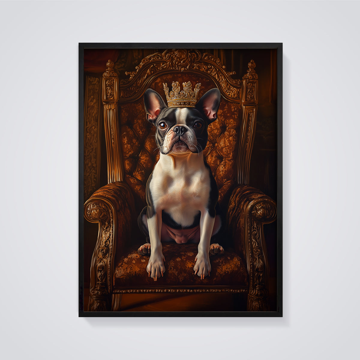 Crowned Boston Terrier Print framed in black on a grey background