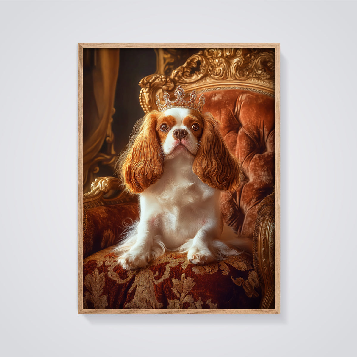 Crowned Cavalier King Charles Print framed in oak on a grey background