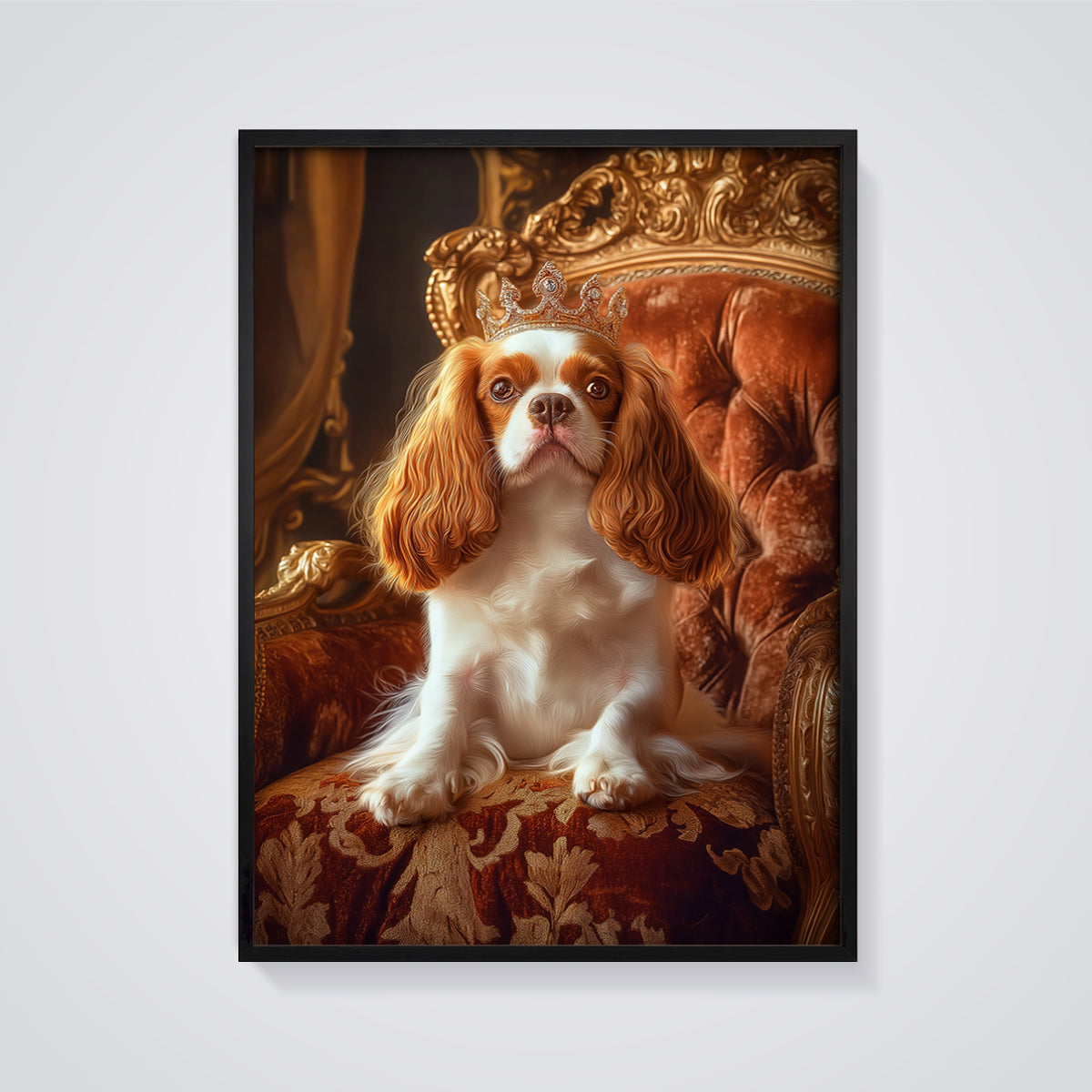 Crowned Cavalier King Charles Print framed in black on a grey background
