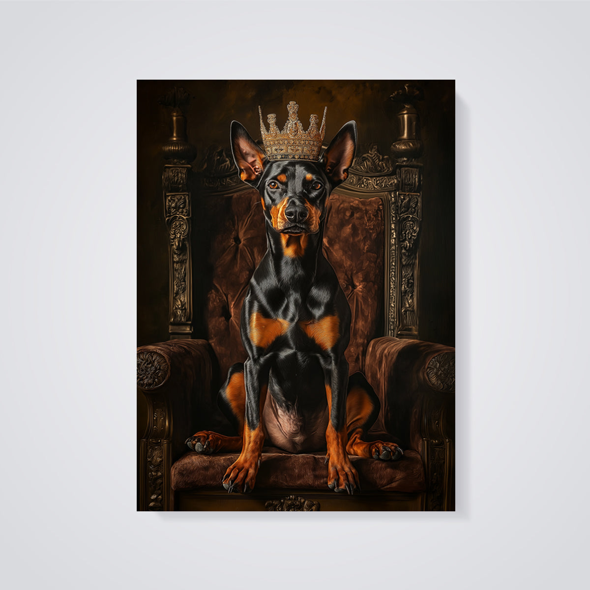 Crowned Doberman King Print unframed on a grey background