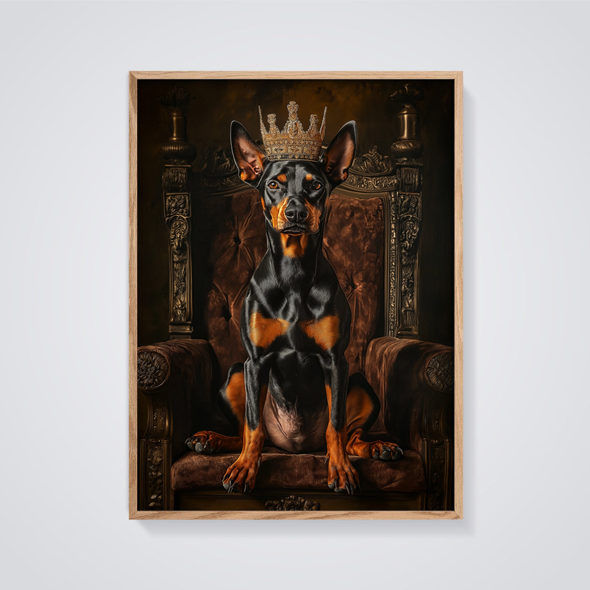 Crowned Doberman King Print framed in oak on a grey background