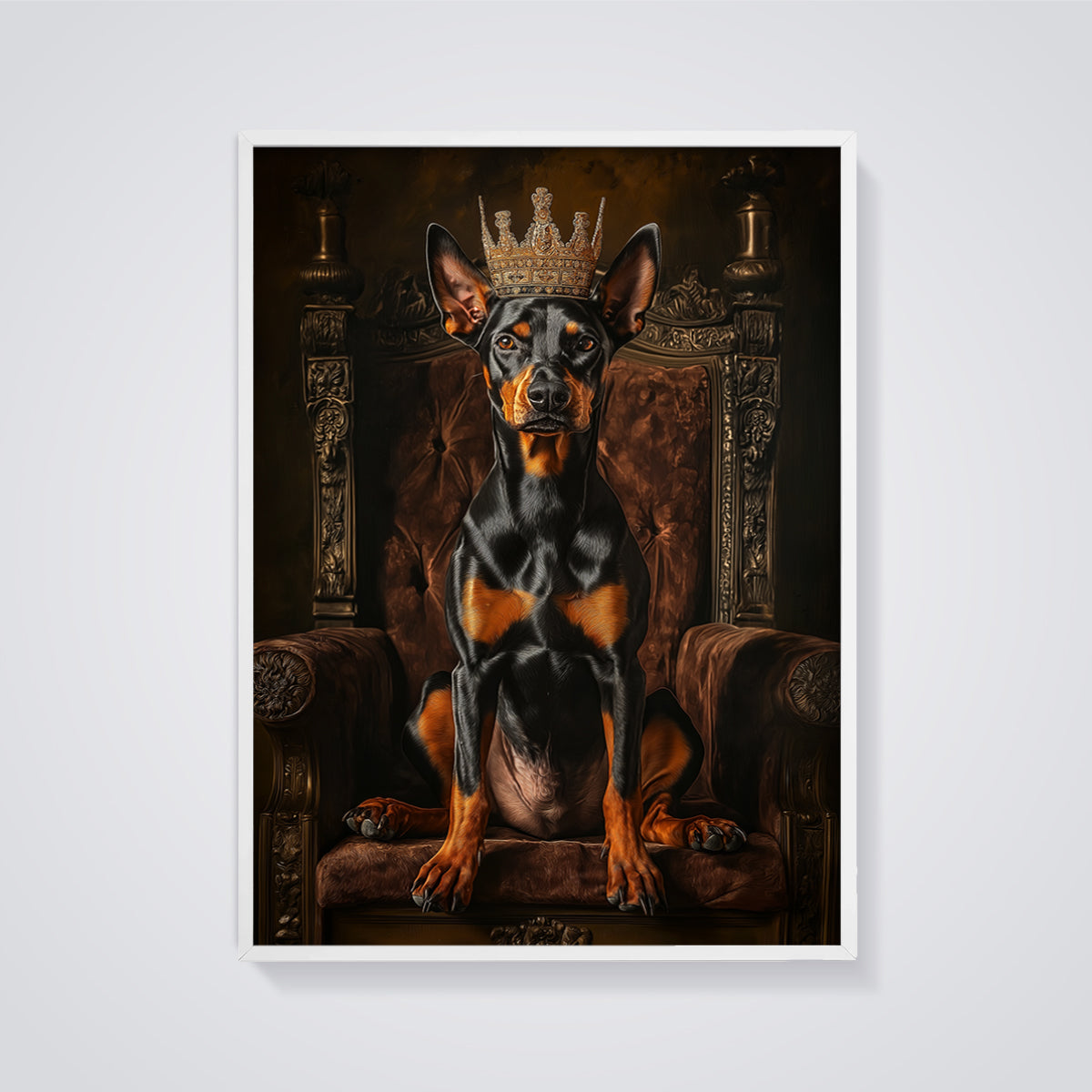 Crowned Doberman King Print framed in white on a grey background
