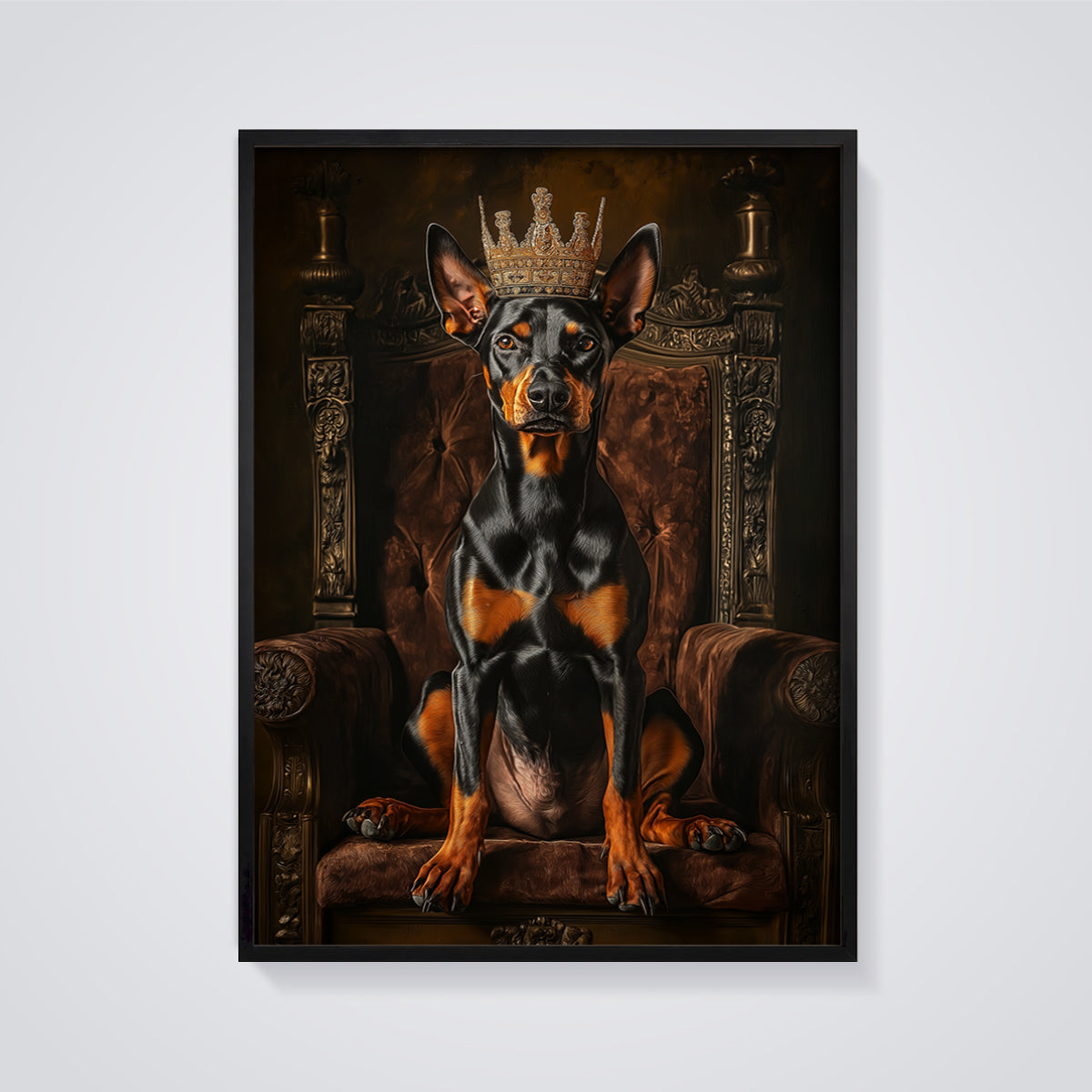 Crowned Doberman King Print framed in black on a grey background