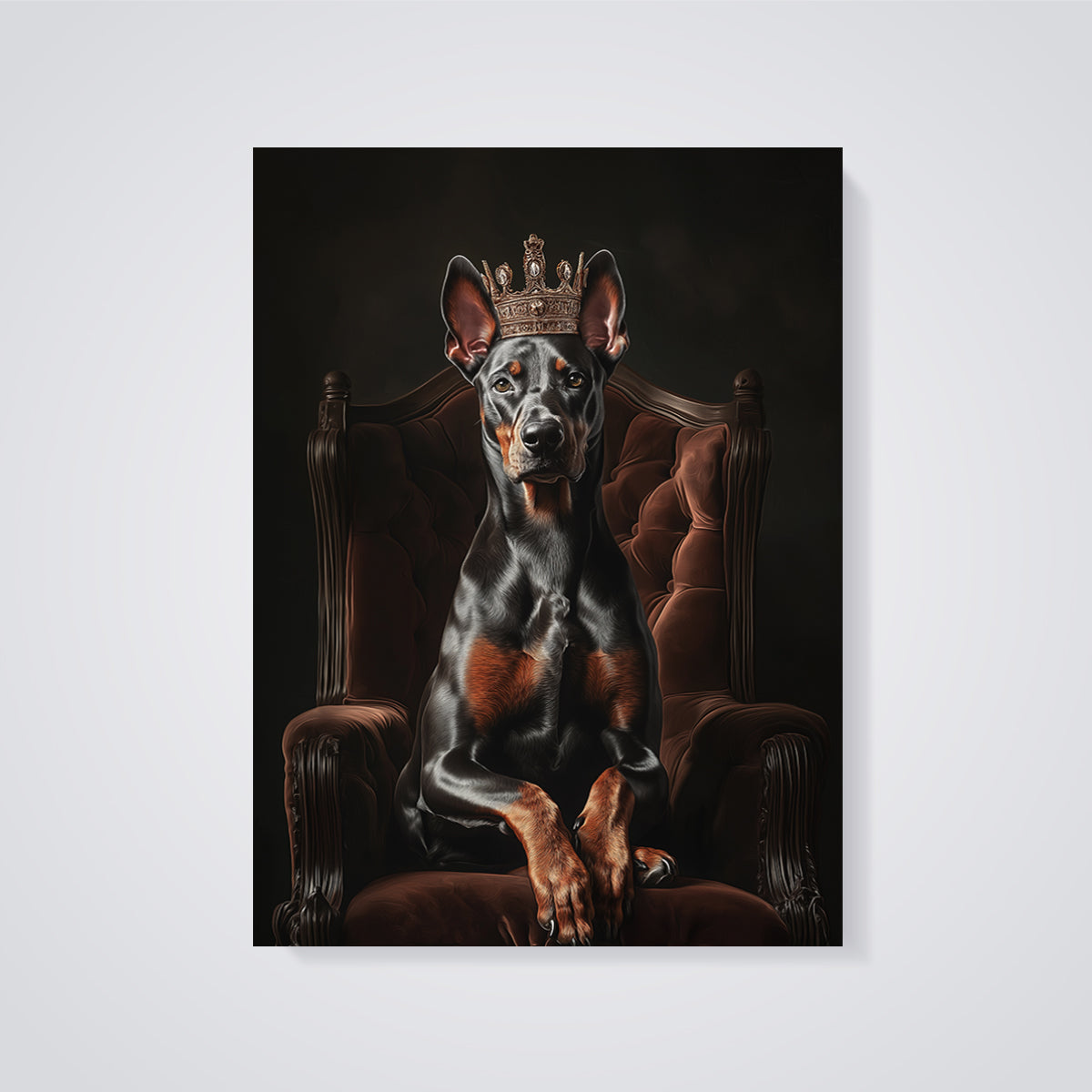 Crowned Doberman Portrait Print unframed on a grey background