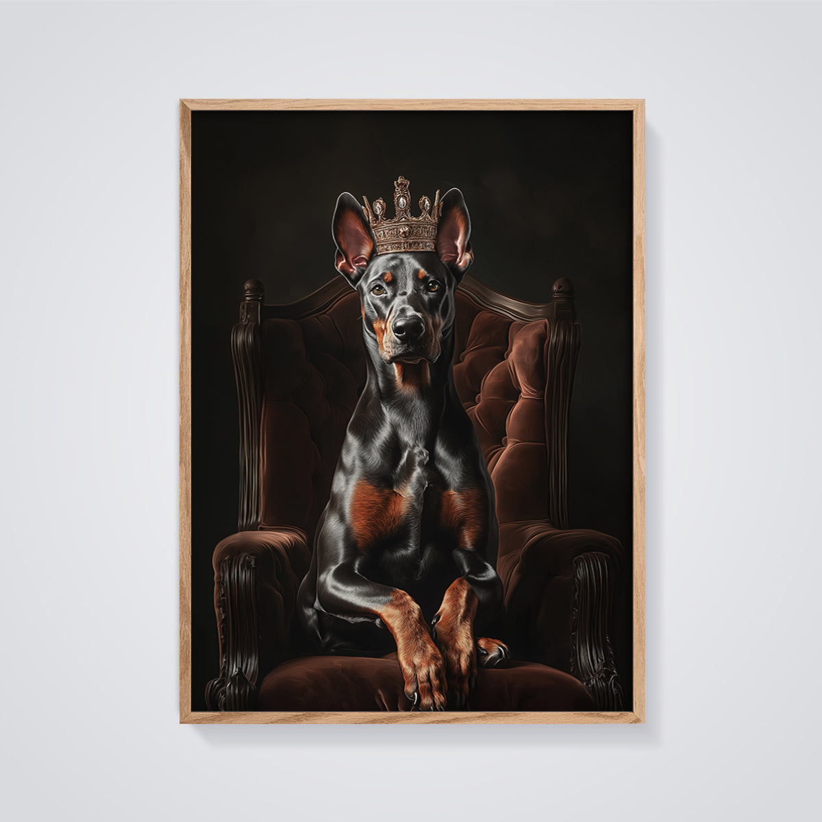 Crowned Doberman Portrait Print framed in oak on a grey background