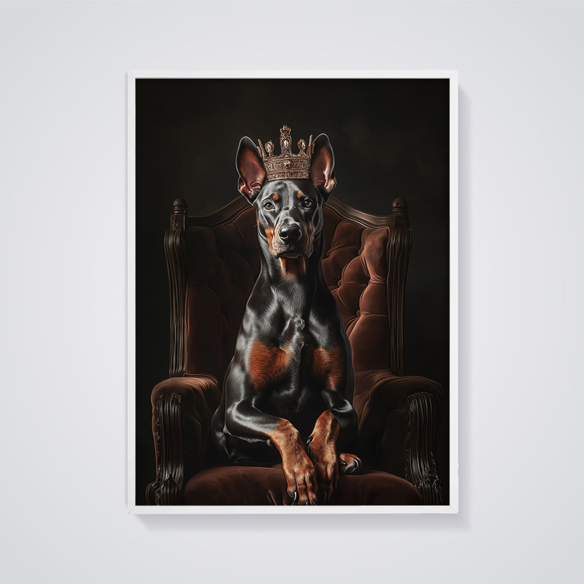 Crowned Doberman Portrait Print framed in white on a grey background