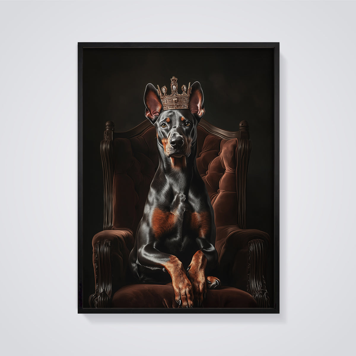Crowned Doberman Portrait Print framed in black on a grey background