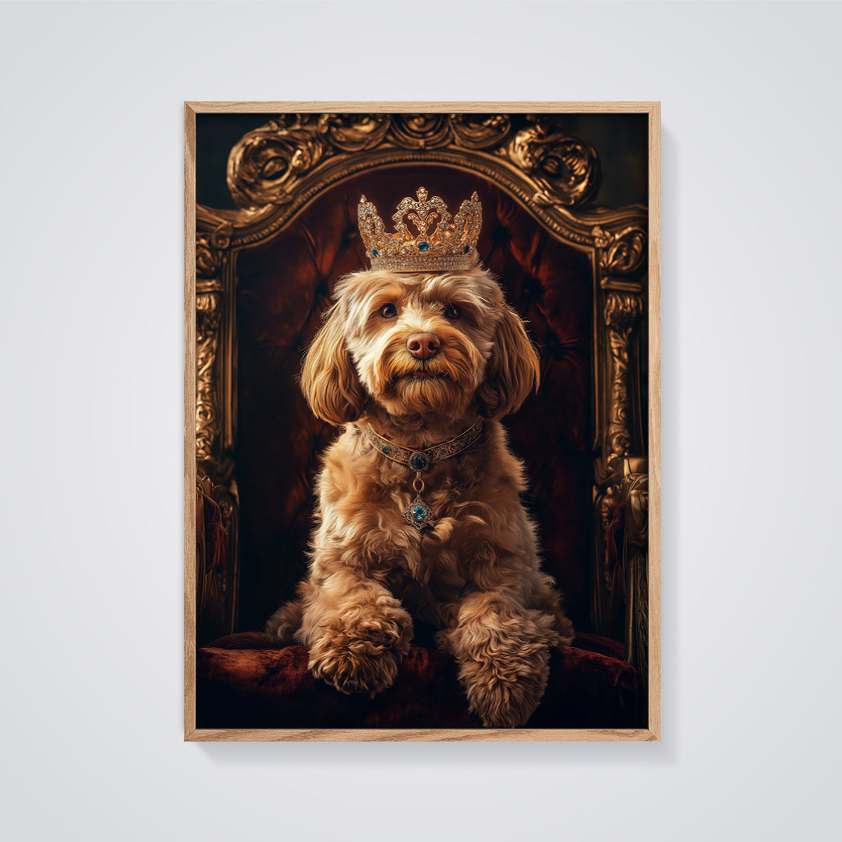 Crowned Dog Portrait Print framed in oak on a grey background