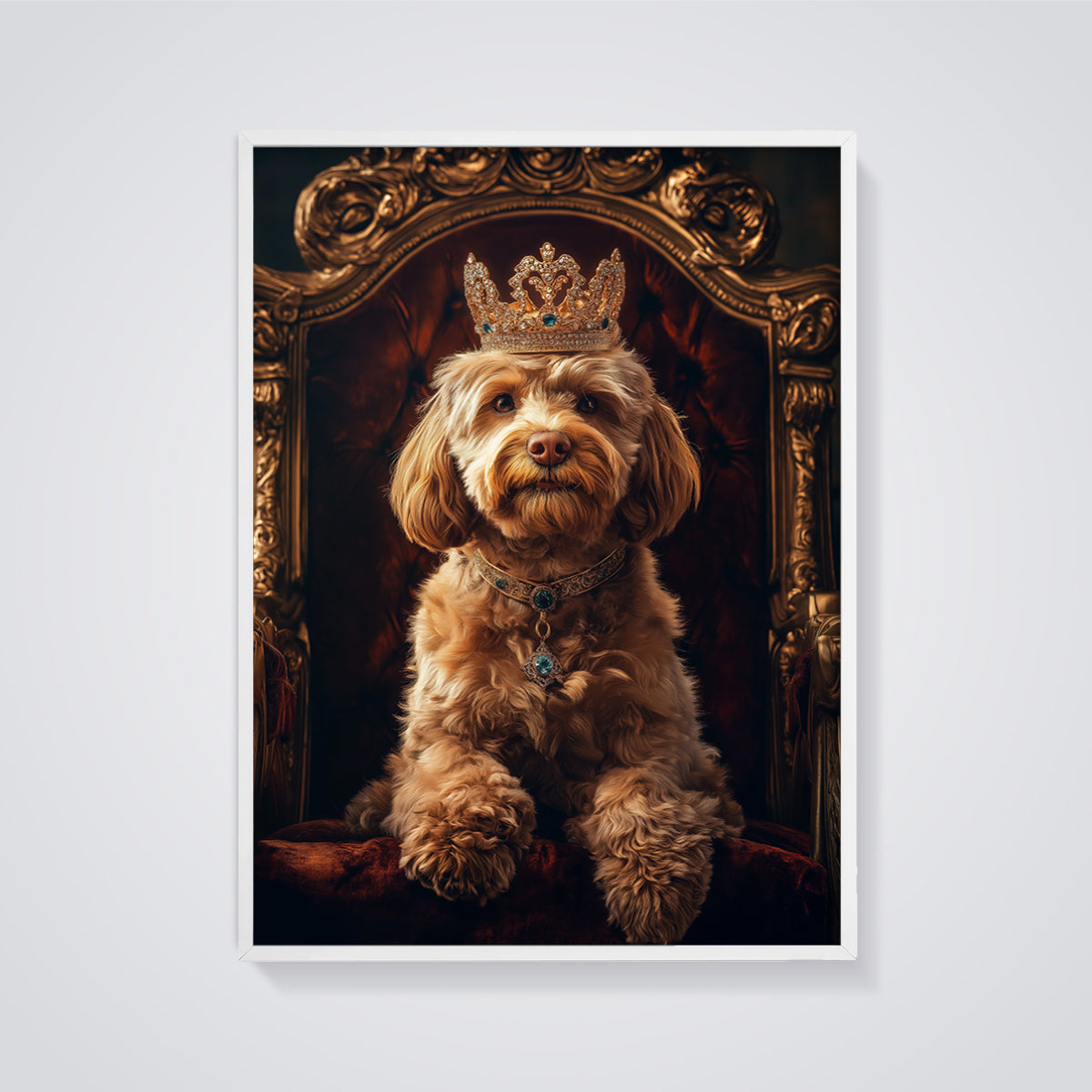 Crowned Dog Portrait Print framed in white on a grey background