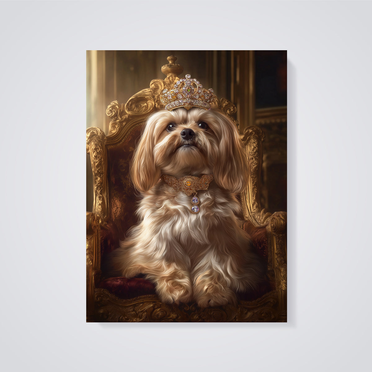 Crowned Dog Portrait Print Aesthetic unframed on a grey background