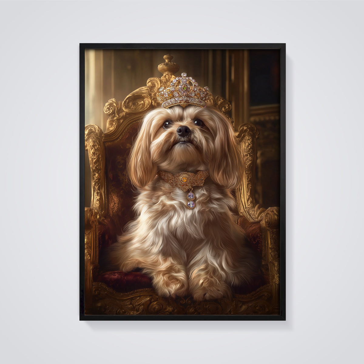 Crowned Dog Portrait Print Aesthetic framed in black on a grey background