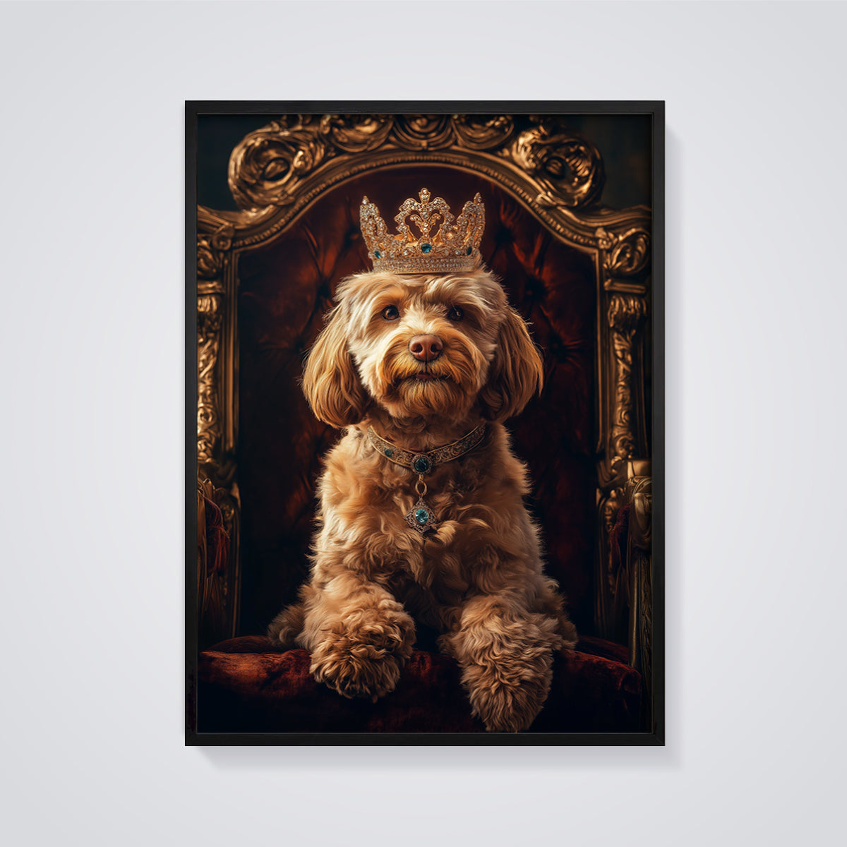 Crowned Dog Portrait Print framed in black on a grey background