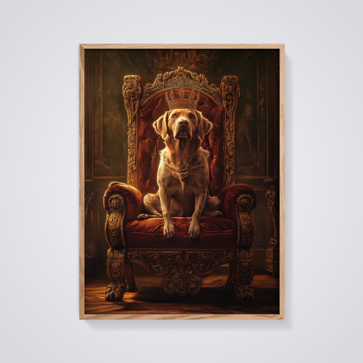 Crowned Golden Retriever Print framed in oak on a grey background