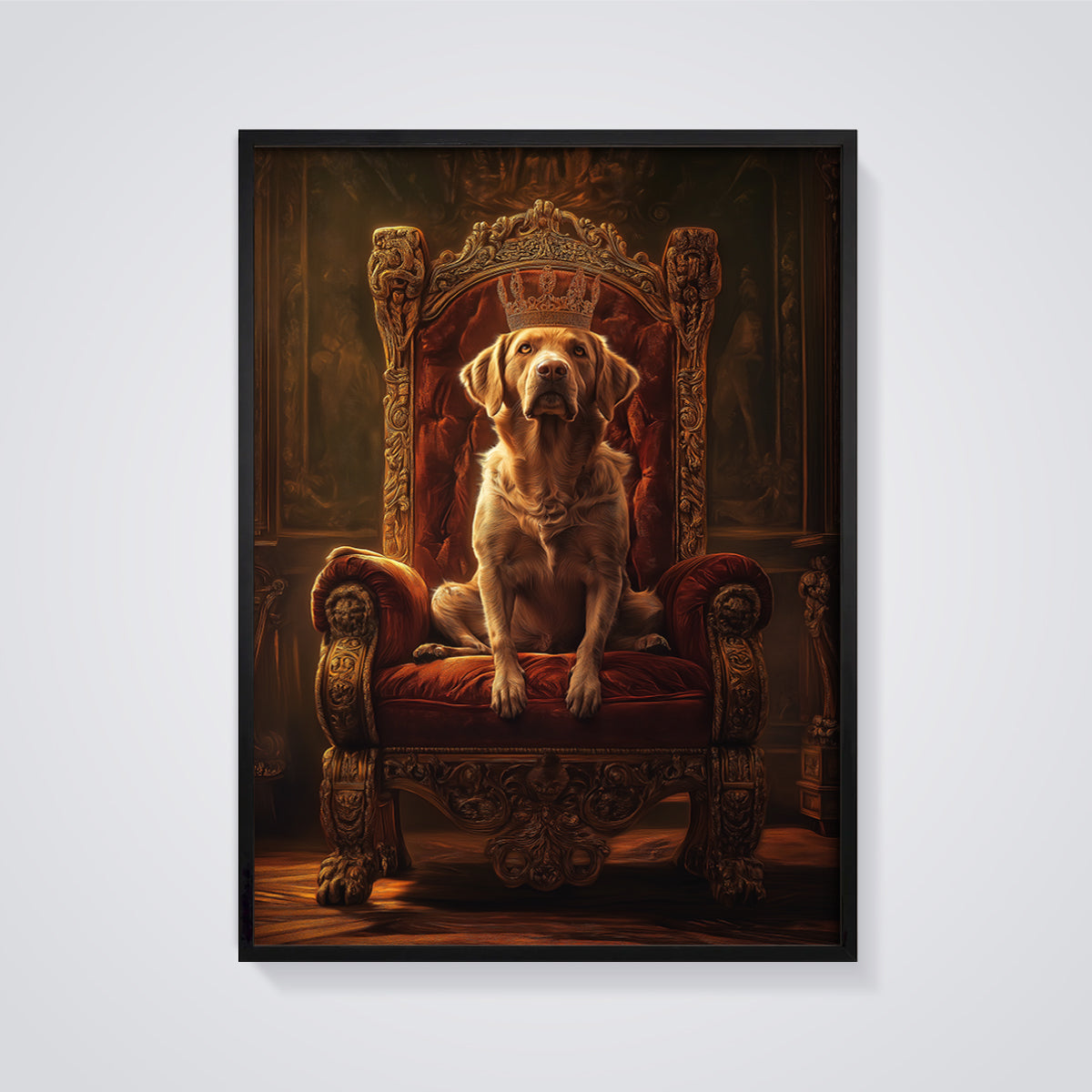 Crowned Golden Retriever Print framed in black on a grey background