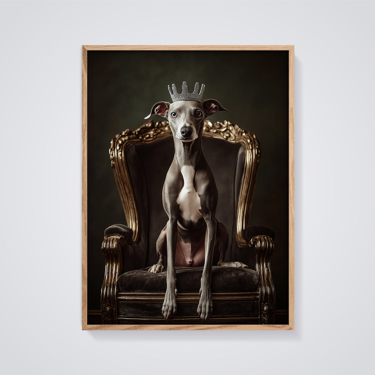 Crowned Italian Greyhound Print framed in oak on a grey background