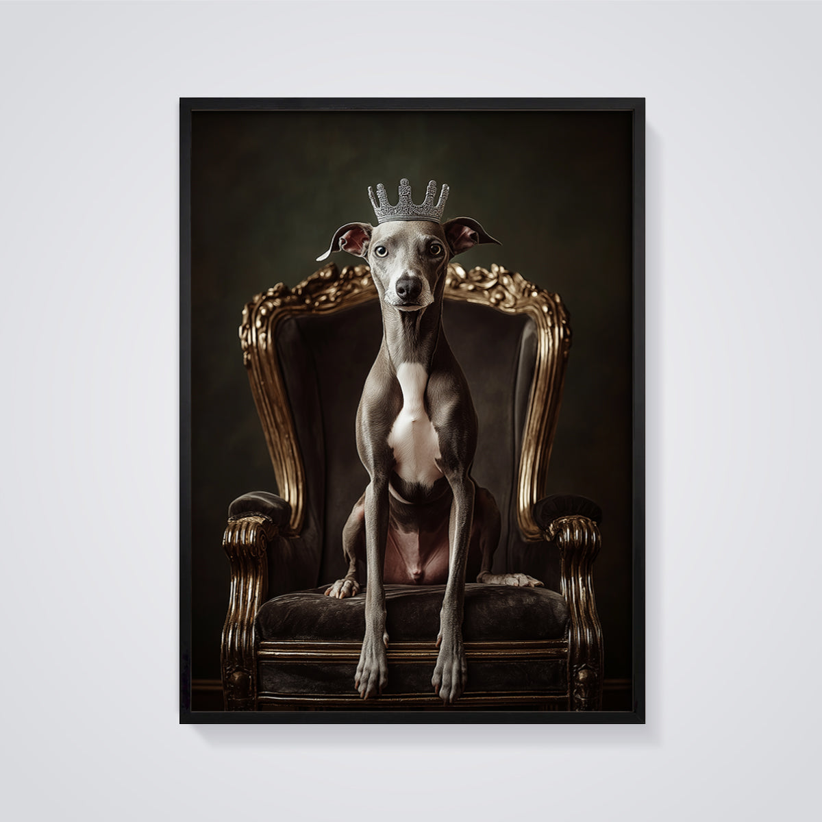 Crowned Italian Greyhound Print framed in black on a grey background
