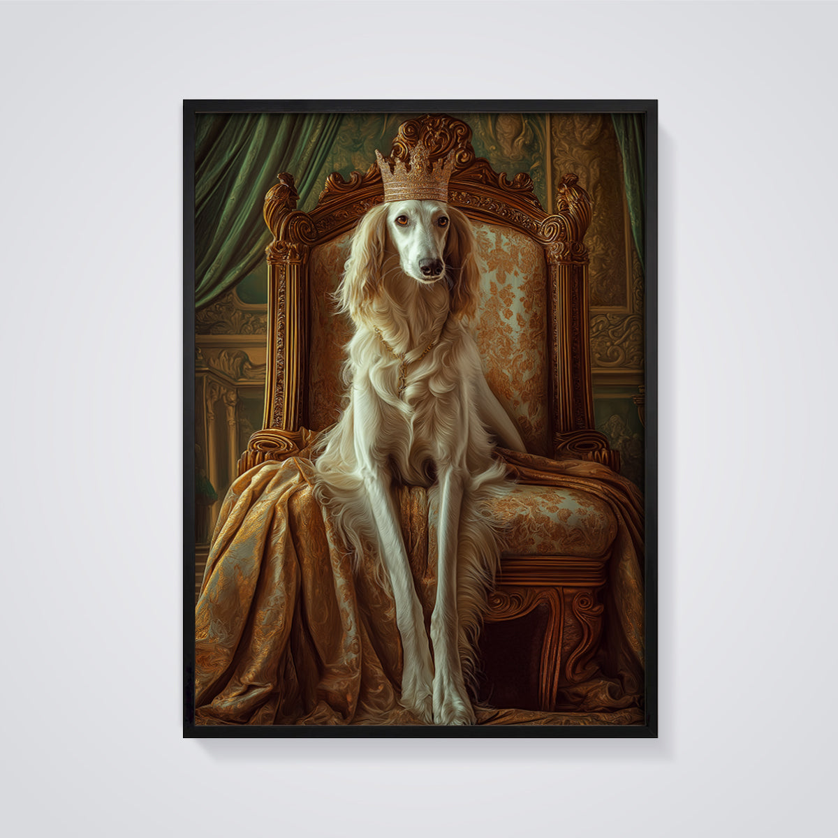 Crowned Saluki Dog Print framed in black on a grey background