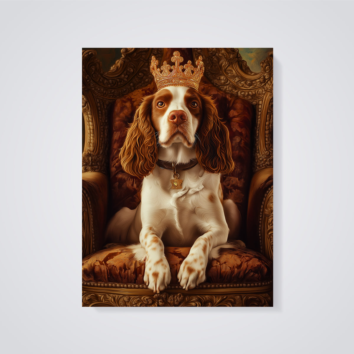 Crowned Spaniel King Print unframed on a grey background