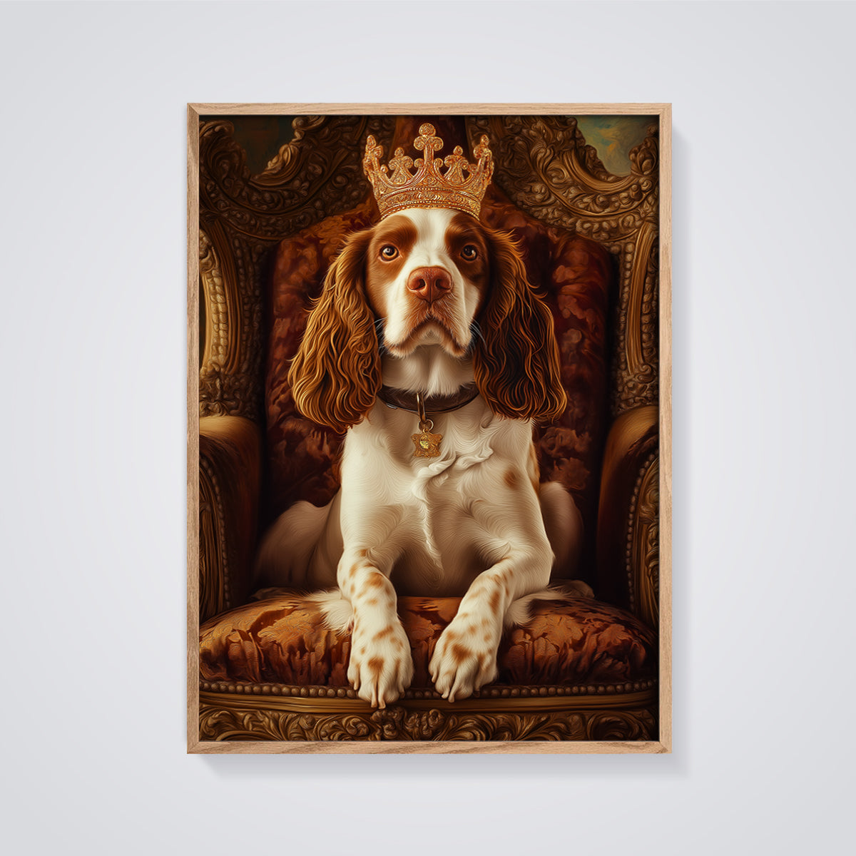 Crowned Spaniel King Print framed in oak on a grey background