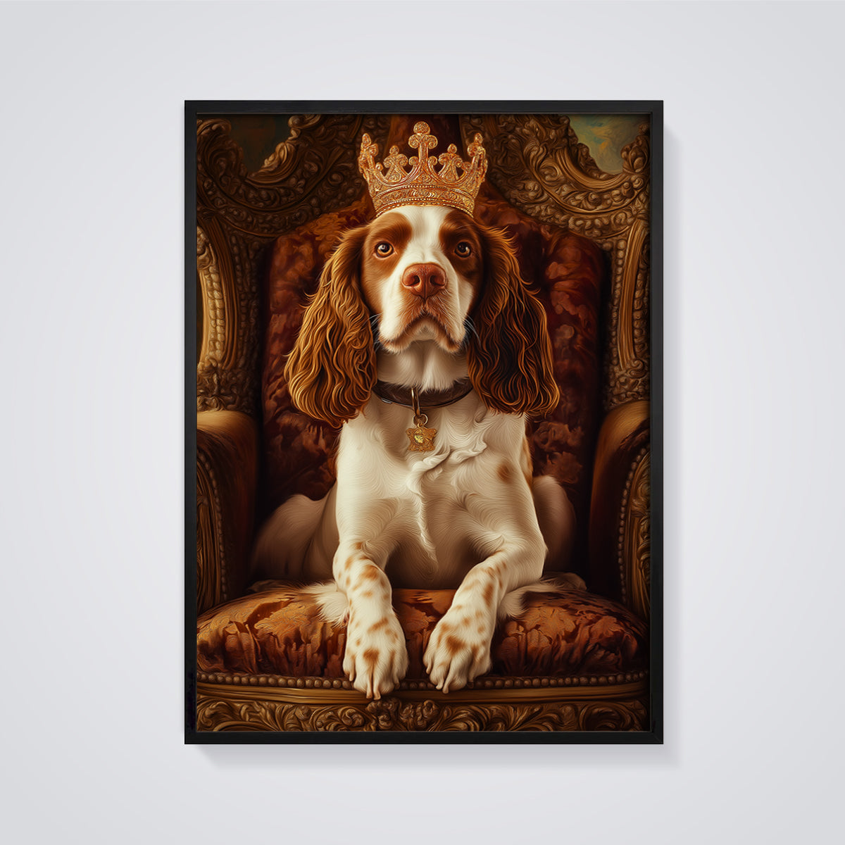 Crowned Spaniel King Print framed in black on a grey background