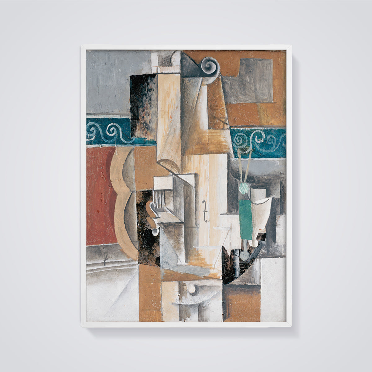 Cubist Violin Still Life Print framed in white on a grey background