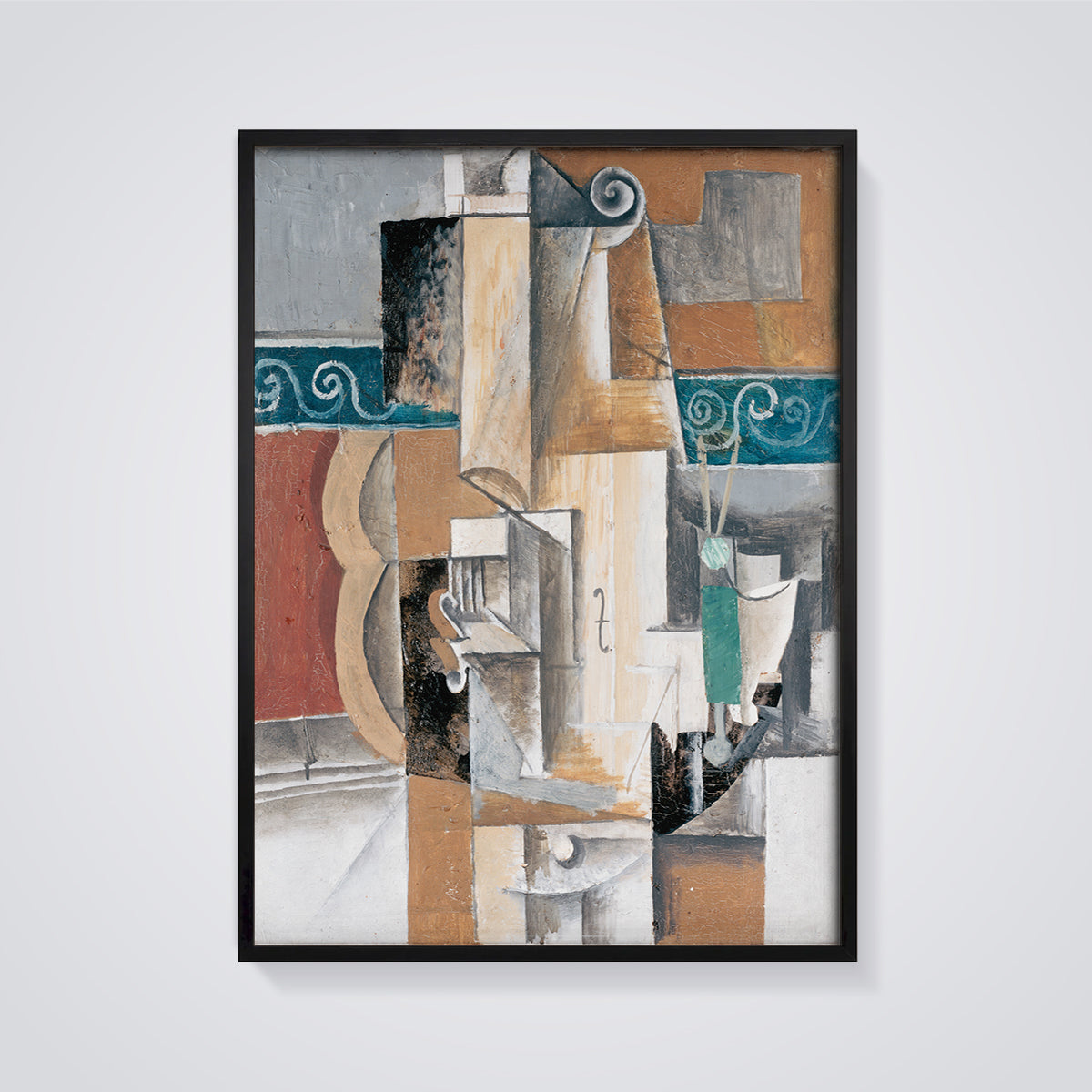 Cubist Violin Still Life Print framed in black on a grey background